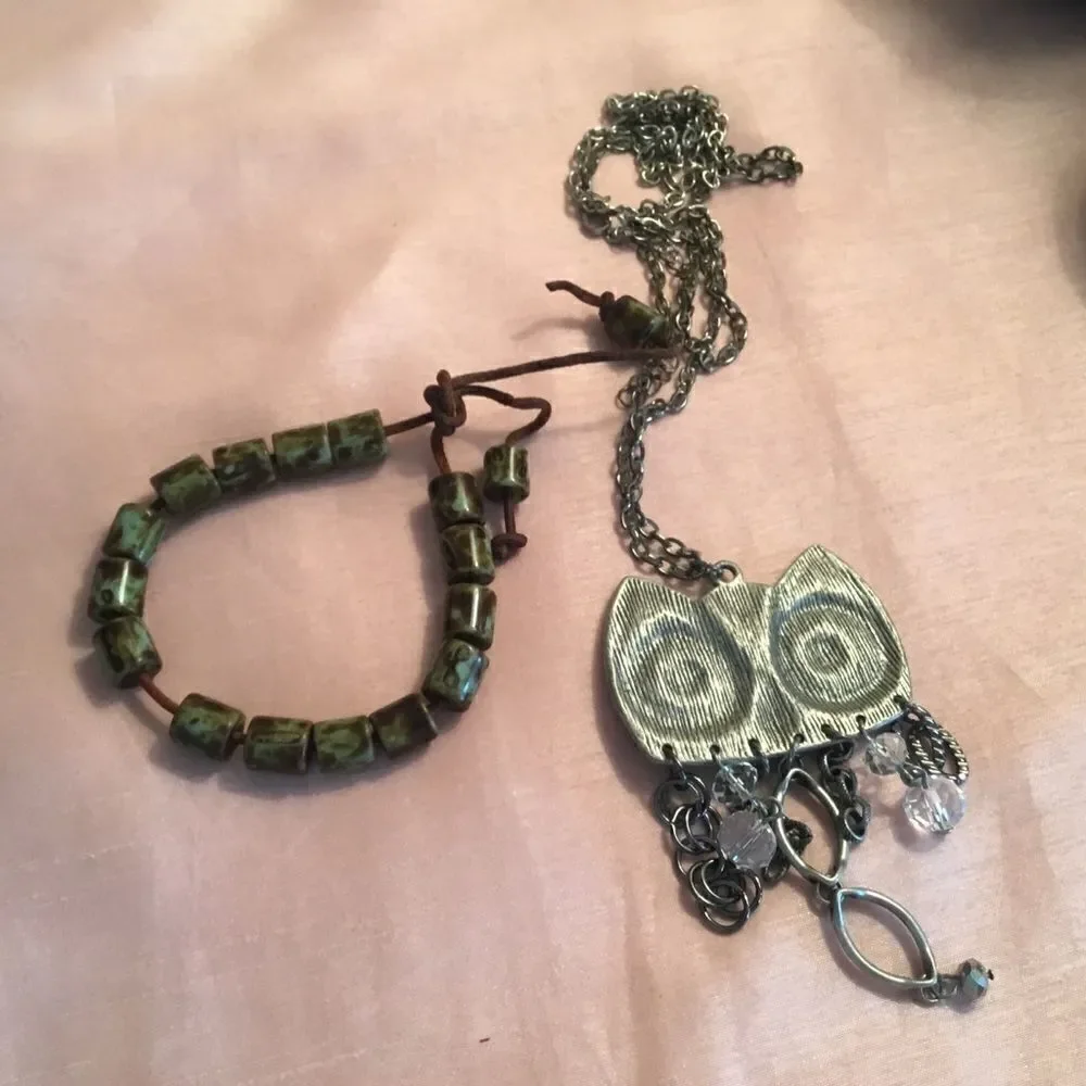 Pewter tone Owl Pendant and Bracelet